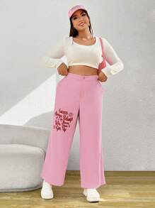 SHEIN EZwear 大碼標語圖案闊腿褲 - 彩色 - 查看 4