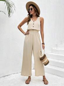 SHEIN VCAY 正面鈕扣闊腿背心連身褲 - 卡其色 - 查看 1
