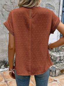 EMERY ROSE Contrast Lace Batwing Sleeve Blouse,Short Sleeve Tops - Brown - View 2