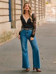 SHEIN Frenchy Contrast Lace V Neck Sweater Winter Black Casual - Black - View 3