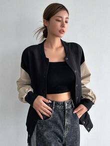 DAZY Two Tone Drop Shoulder Bomber Jacket - Black - View 2
