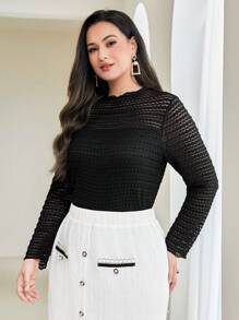 Modelyn 大碼小高領蕾絲T恤 - 黑色 - 查看 7