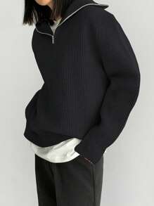 DAZY Ribbed Knit Quarter Zip Drop Shoulder Sweater,Long Sleeve Tops,Fall Clothes - Black - View 4