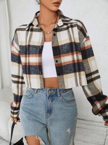 SHEIN EZwear 格纹印花落肩衬衫、长袖上衣 - 彩色 - 查看 3