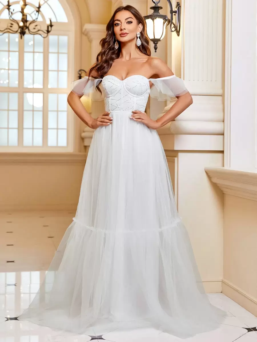 SHEIN Belle Off Shoulder Lớp phủ lưới Váy dự tiệc - trắng - Xem 1