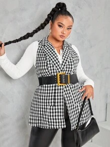SHEIN Unity معطف صديري طباعة مربع النقش بدون حزام مقاس كبير - أبيض وأسود - مشاهدة 1