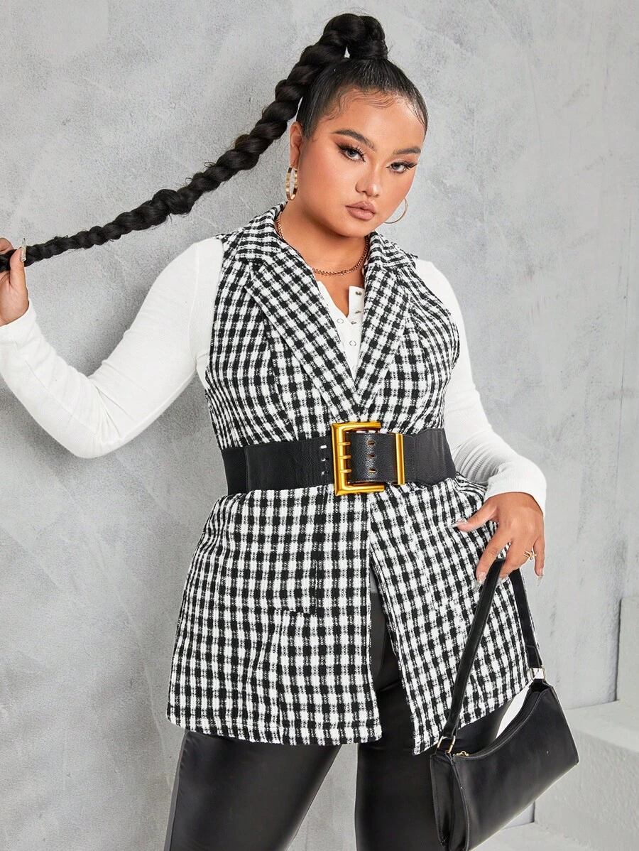 SHEIN Unity معطف صديري طباعة مربع النقش بدون حزام مقاس كبير - أبيض وأسود - مشاهدة 1