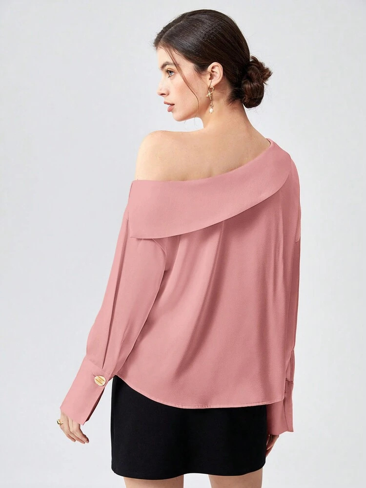 Solid Button Detail Asymmetrical Neck Blouse