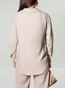 SHEIN Essnce Abrigo con bolsillo con solapa bajo curvo - Caqui - Ver 3