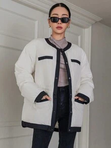 DAZY Contrast Trim Drop Shoulder Puffer Thick Pockets Coat Jacket Winter - White - View 7