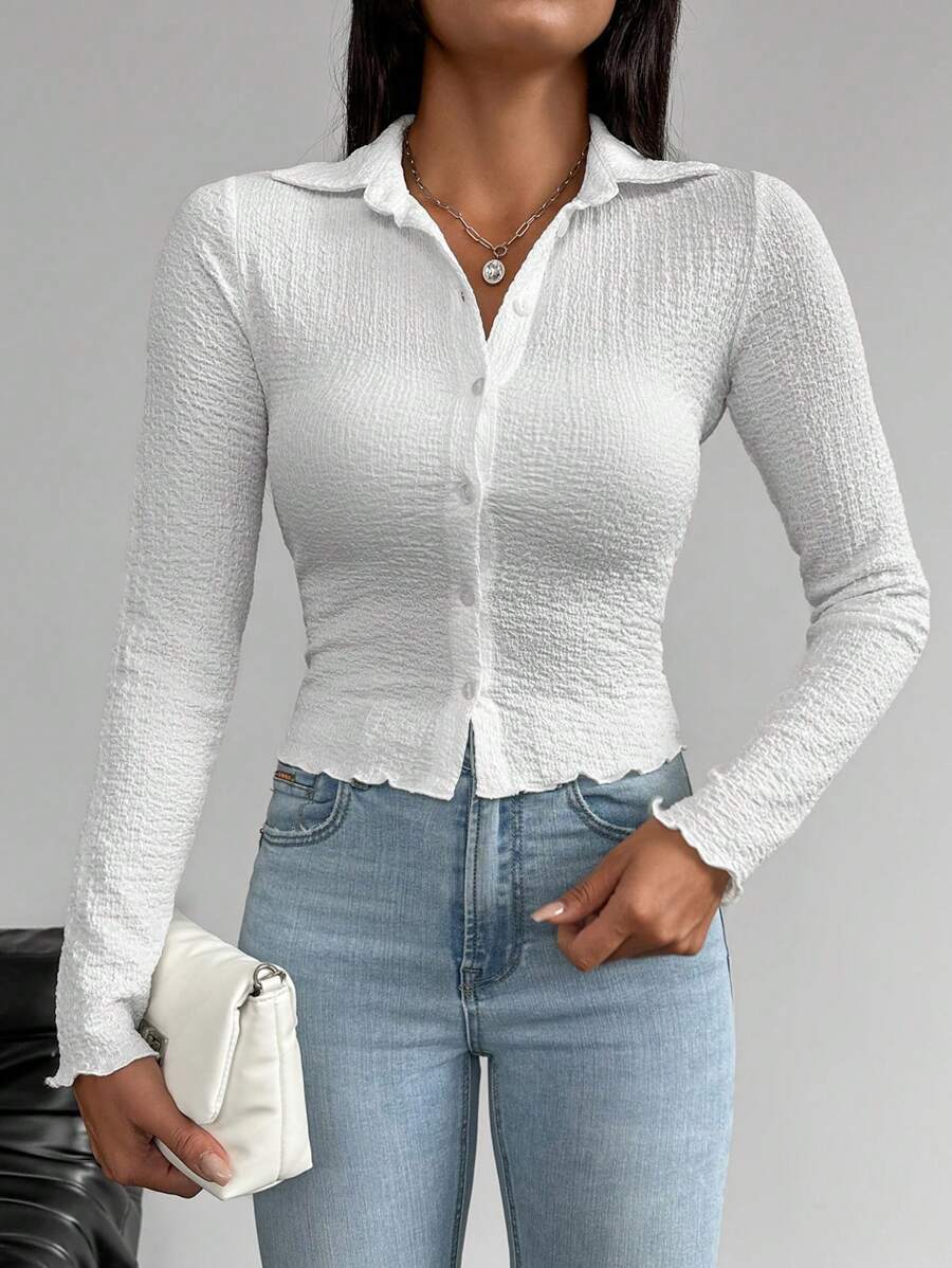 RueChic Solid Button Front Lettuce Trim Shirt - White - View 1