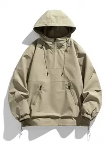 休閒抽繩 口袋 拉鍊純色男士外套 - 卡其色 - 查看 1