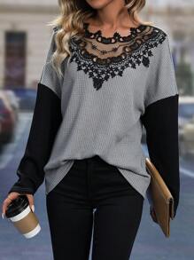 SHEIN LUNE Chèn ren Guipure Áo thun Thả vai - Nhiều màu - Xem 5