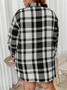Flirla Plus Plaid Print Drop Shoulder Overcoat - Black and White - View 2