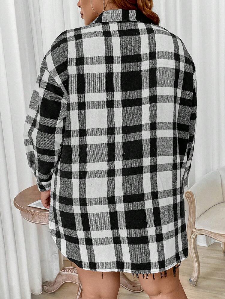 Plus Plaid Print Drop Shoulder Overcoat