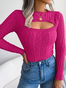 女士休闲性感镂空针织长袖毛衣，秋冬，长袖上衣 - 玫紅色 - 查看 5