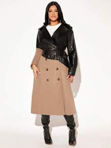 SHEIN SXY 秋冬双色双排扣腰带风衣 - 卡其色 - 查看 4