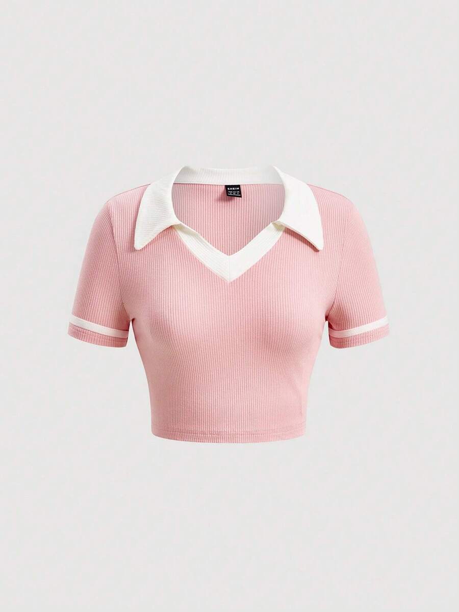 SHEIN MOD Contrast Collar Ribbed Knit Tee - Pink - View 1