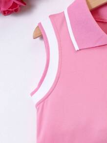 SHEIN Young Girl Heart Print Colorblock Trimmed Collared Polo Neck Princess Dress, Suitable For Party And School In Summer Summer Holiday
