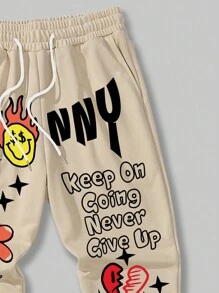 ROMWE MEN Street Life Men Slogan & Floral Print Drawstring Waist Sweatpants - Khaki - View 6