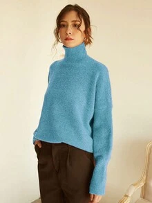 Knit Mix 优雅女士高领宽松针织毛衣，适合秋冬季节穿着，加厚长袖套头衫，复古风格，适合圣诞节、新年、感恩节、情人节、返校季、冬季、秋季等场合。 - 淺藍色 - 查看 5