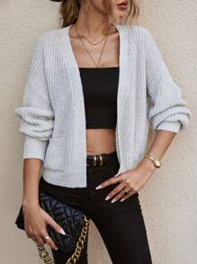 EMERY ROSE Dual Pocket Drop Shoulder Cardigan,Long Sleeve Tops Fall Winter Cloth For Women - Light Grey - View 4