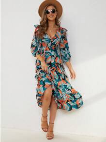 Tropical Print Ruffle Trim Lantern Sleeve Ruffle Hem Dress - Green - View 1