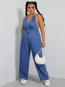 SHEIN EZwear 加繫帶露背掛脖牛仔連身褲 - 藍色 - 查看 4