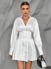 SHEIN Privé Jacquard Drop Shoulder Fold Pleated Detail Shirt Dress - White - View 5