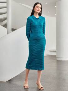 Seusyu Polo Neck Sweater & Knit Skirt 2 Piece Set - Blue - View 4