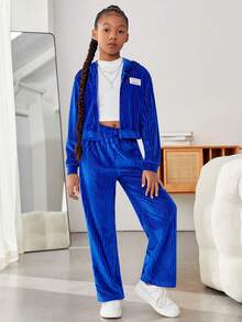 SHEIN 女大童字母貼布落肩袖絲絨夾克和褲子 - 藍色 - 查看 4