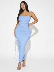 SHEIN SXY Solid Lace Up Front Bodycon Tube Dress - Baby Blue - View 6