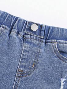 SHEIN Baby Girl Ripped Rolled Hem Ripped Jeans - Light Wash - View 4
