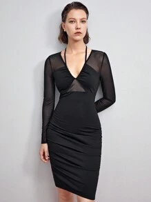 BizChic Contrast Mesh Ruched Bodycon Dress