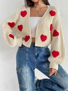 Flirla Heart Pattern Drop Shoulder Duster Cardigan Fall Winter Cloth For Women - Multicolor - View 1