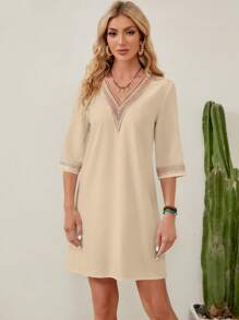 SHEIN LUNE Guipure Lace Insert Tunic Dress - Apricot - View 3