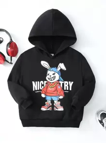 SHEIN 男小童寬鬆可愛兔子卡通字母圖案落肩袖連帽衫,秋天和冬天 - 黑色 - 查看 1
