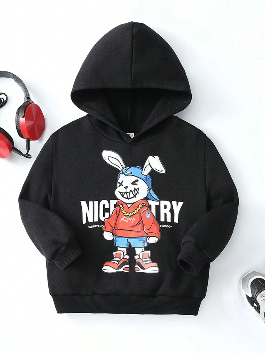 SHEIN 男小童寬鬆可愛兔子卡通字母圖案落肩袖連帽衫,秋天和冬天 - 黑色 - 查看 1