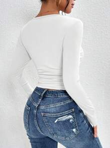 SHEIN PETITE 素色大圓領側收褶T恤 - 白色 - 查看 2