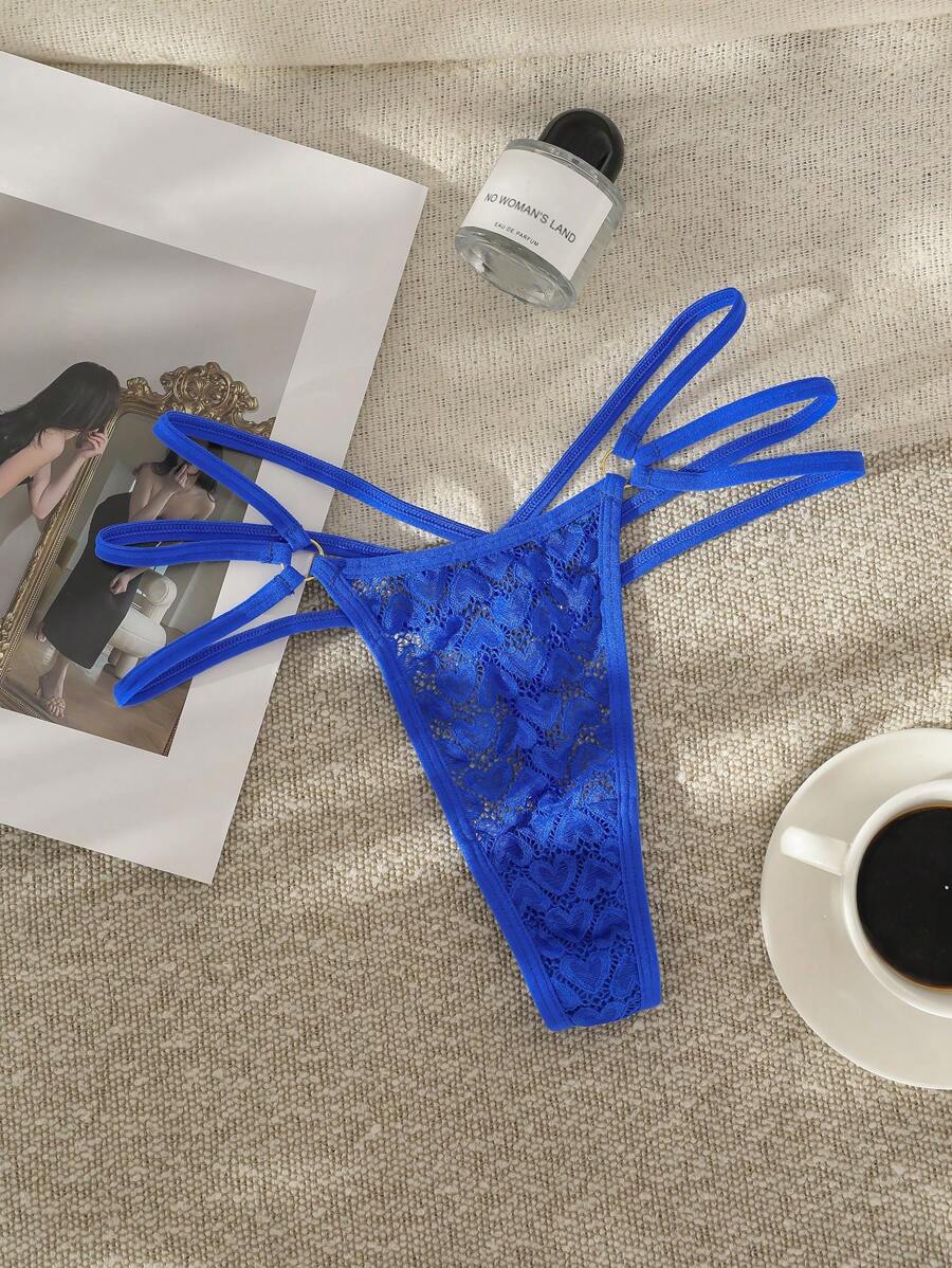 Ring Linked Cut Out Lace Thong Sexy Lingerie - Blue - View 1