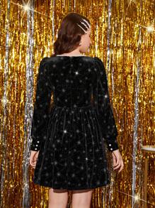 Thiếu niên cô gái Long lanh Cổ vuông Nhung Đầm Không có thắt lưng Đối với Giáng sinh - màu đen - Xem 2
