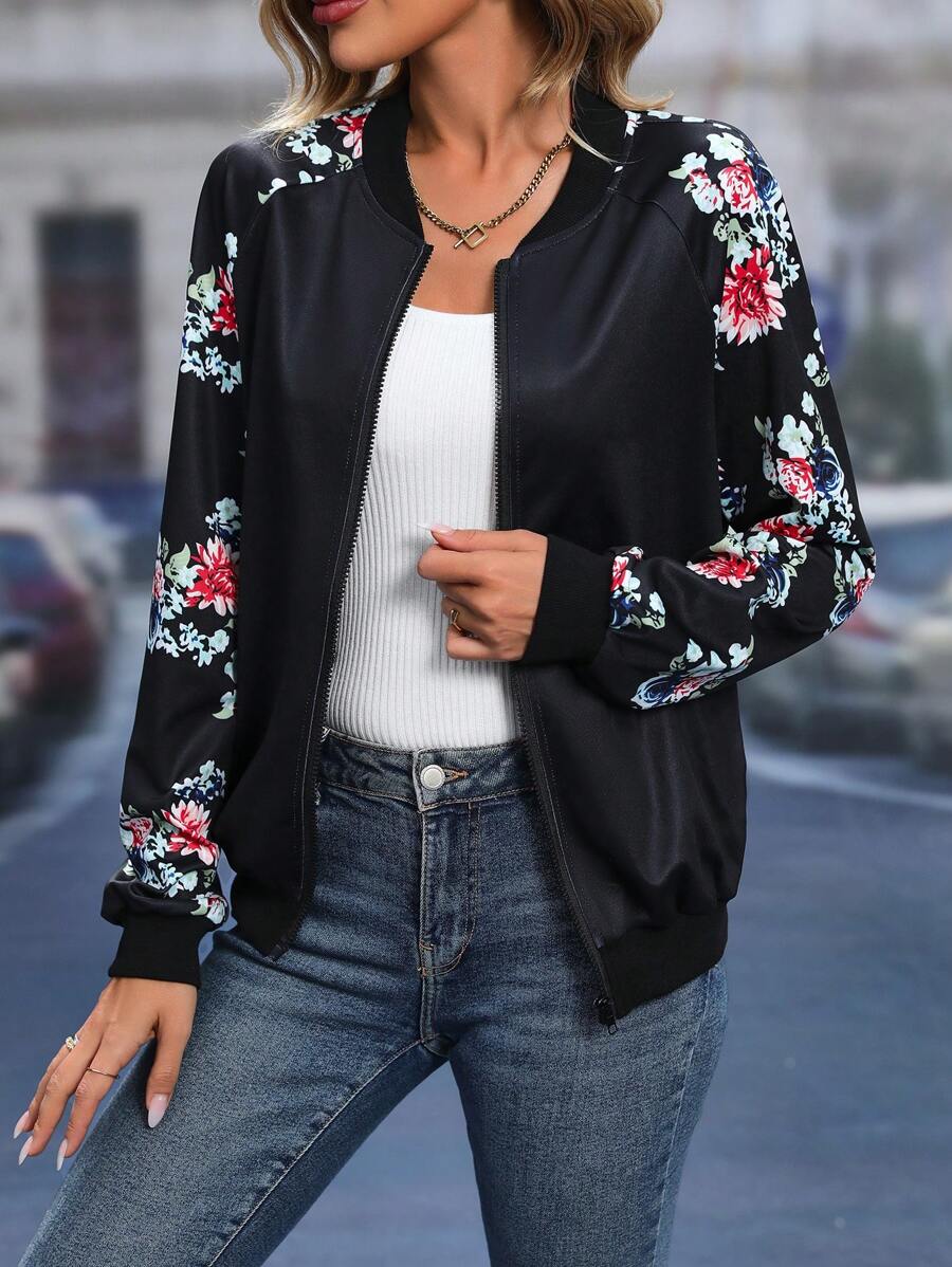 EMERY ROSE Floral Print Raglan Sleeve Bomber Jacket - Black - View 1