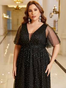 SHEIN Belle Plus Flounce Sleeve Split Thigh Mesh Dress - Black - View 6