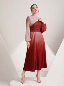 Modelyn Ombre Print Lantern Sleeve Dress - Red - View 5