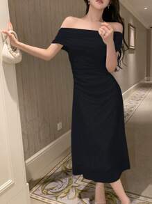 DAZY 纯色露肩褶皱连衣裙，生日、新年、舞会、优雅吊带裙、返校节礼服、婚纱、嘉年华女装 - 黑色 - 查看 5