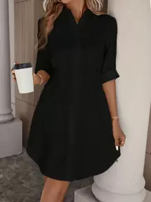 SHEIN LUNE Summer Women's Striped Cinched Waist Sleeveless Shirt Dress With Buttoned Placket And Flared Hem, Blue And White,Casual Women Shirts Dresses,Business Professional Fall Clothes Button Down Dress - Black - View 5