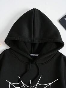 SHEIN EZwear 蜘蛛網印花袋鼠口袋抽繩保暖連帽衫 - 黑色 - 查看 5