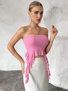 SHEIN Privé 不對稱下擺抹胸上衣 - 粉色 - 查看 5