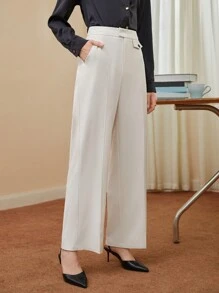 BizChic 素色斜口袋闊腿西裝褲 - 杏色 - 查看 1