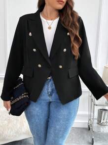 SHEIN Clasi Hơn Cổ áo Đôi ngực Áo vest - màu đen - Xem 1